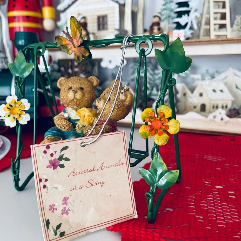 Vintage Green Bear Swing Figurine with Yellow and Red Accents